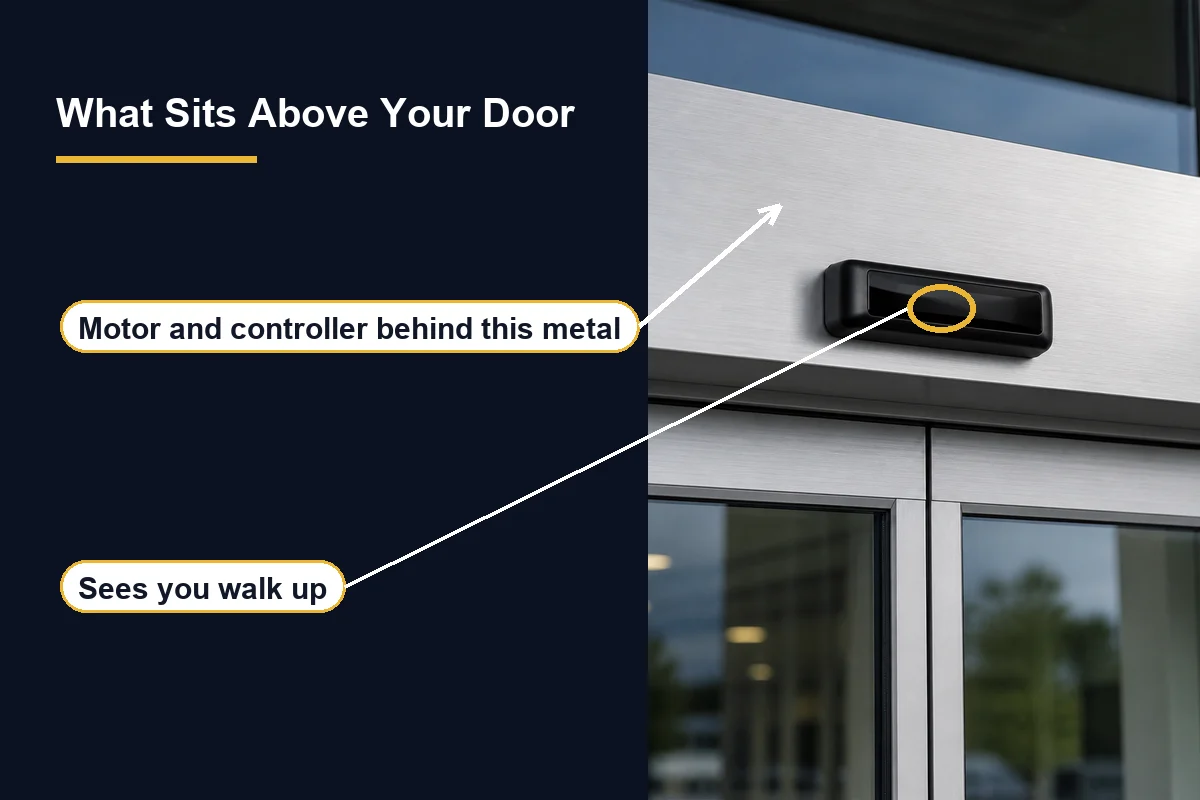 Header above an automatic sliding door, the sensor circled and an arrow pointing at the metal the motor sits behind