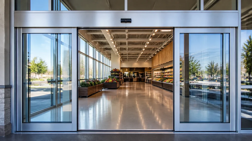 Commercial automatic sliding entrance at a supermarket with the sensor mounted on the aluminum header above the doors