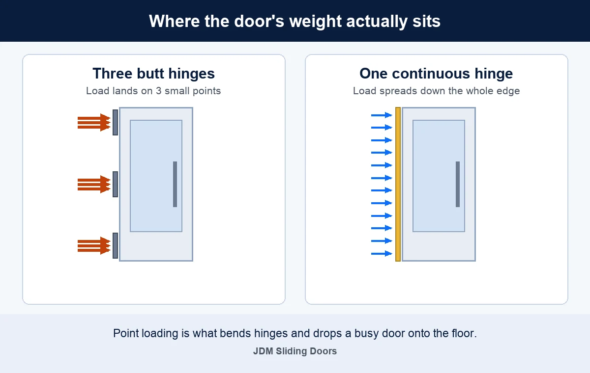 Diagram comparing load paths: on a door with three butt hinges the weight lands on three small points down the edge, while a continuous hinge spreads the same weight evenly along the full height of the door