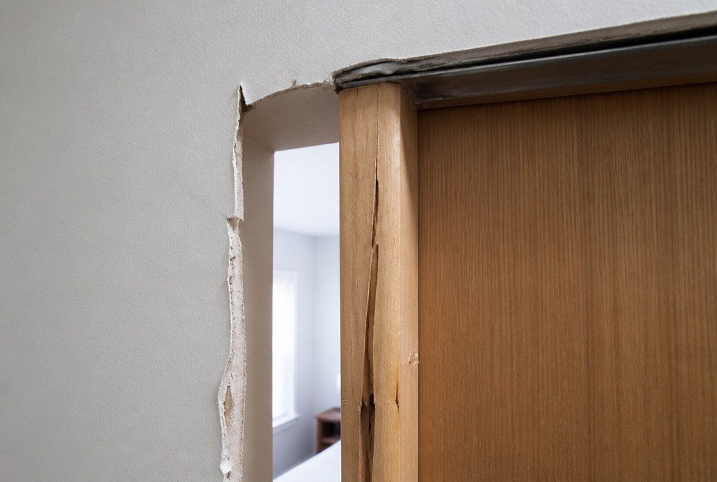 Split wood jamb, torn drywall, and a bent track lip beside a pocket door opening after a DIY removal attempt