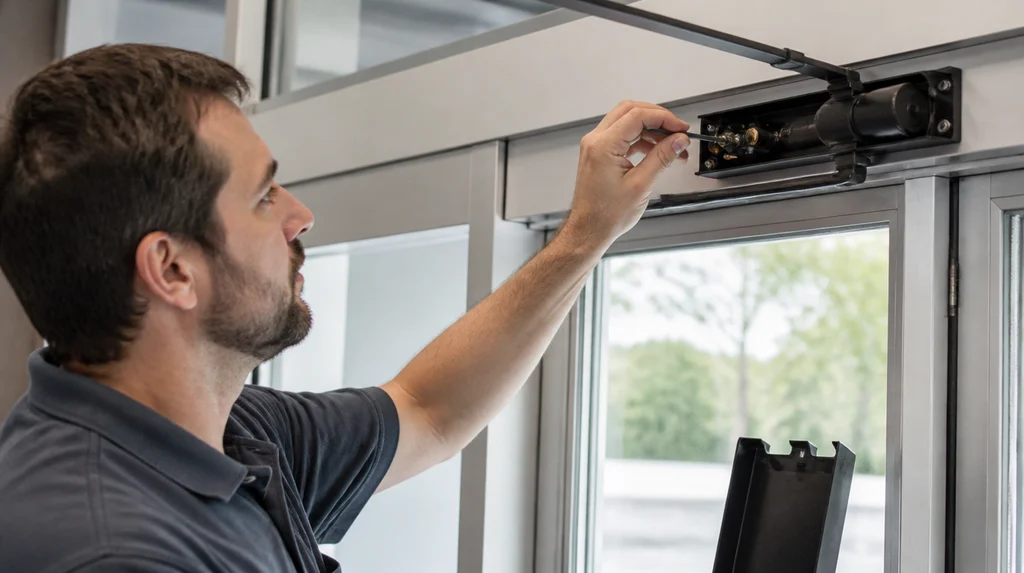Technician adjusting the valve screws on a black overhead door closer above an aluminum framed commercial glass door