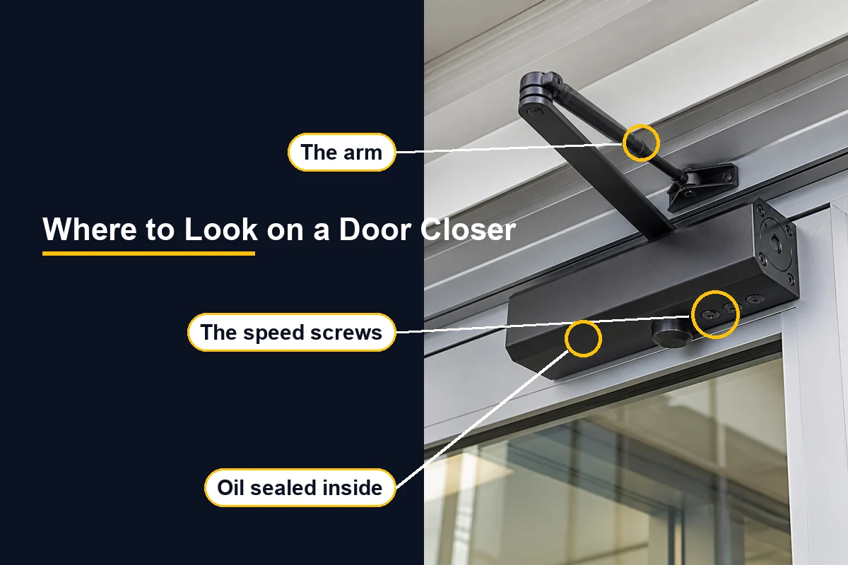 Overhead door closer with its three speed screws, its arm, and its oil filled body circled and labeled