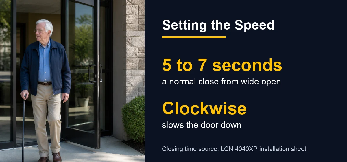 Man with a cane leaving through a glass door beside two facts: 5 to 7 seconds is a normal close, clockwise slows it