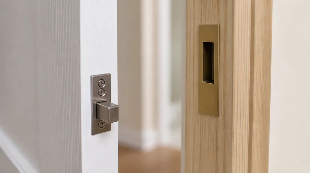Door latch bolt resting against a brass strike plate on a wood door jamb, slightly below the strike opening