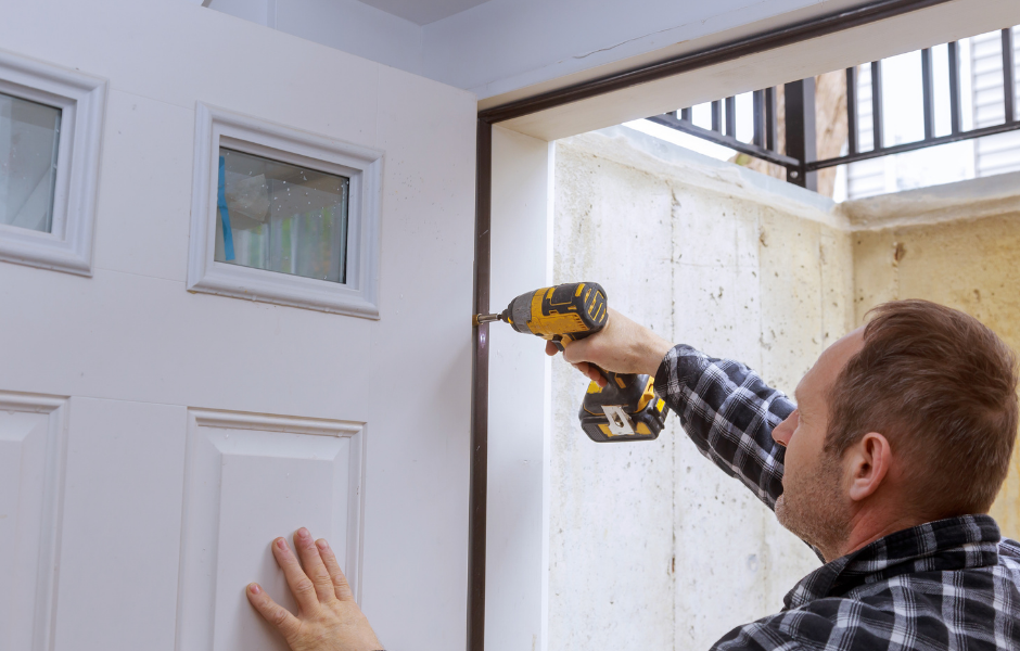 Professional door installer at work