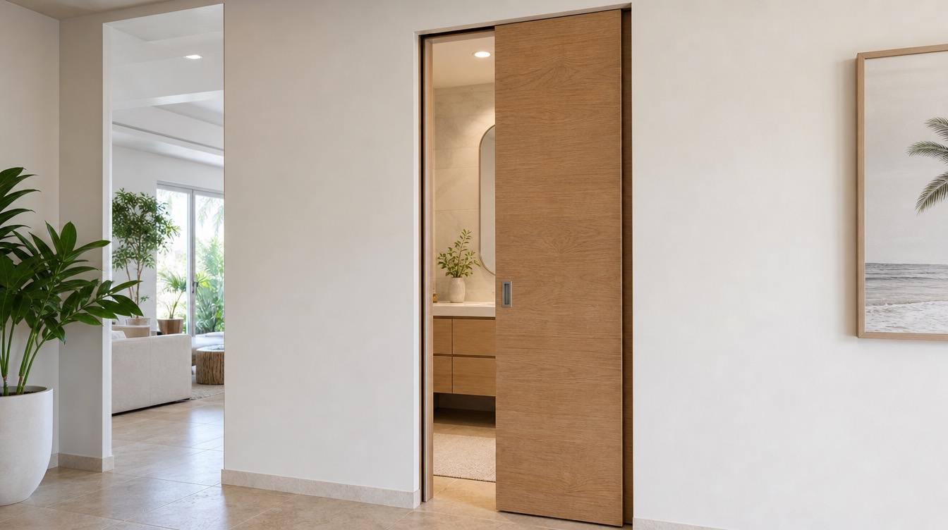 Modern South Florida pocket door pulled halfway out of its wall pocket with a recessed flush handle