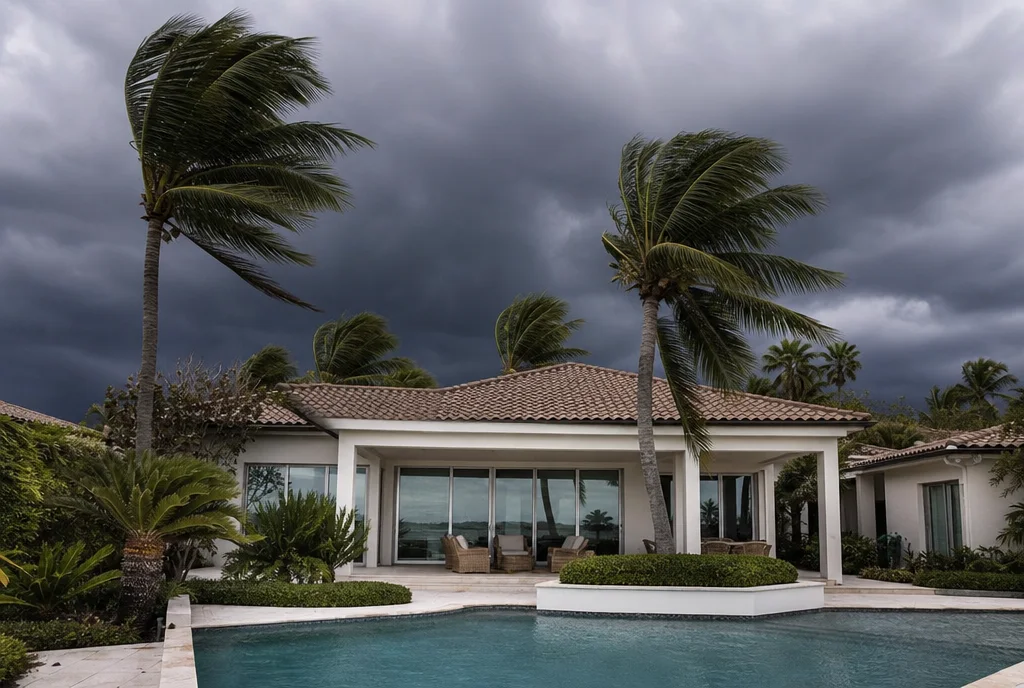 South Florida home with large sliding glass doors and a pool under a dark, stormy pre-hurricane sky with palm trees bending in the wind