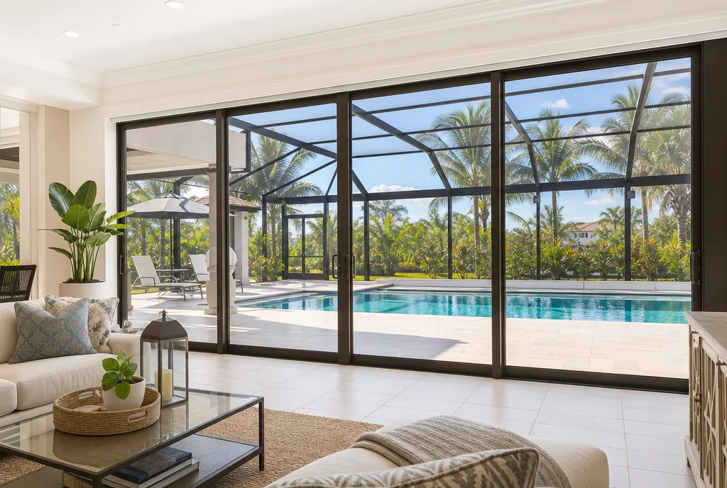 Bright South Florida living room looking through large impact-rated sliding glass doors to a screened pool lanai and palm trees
