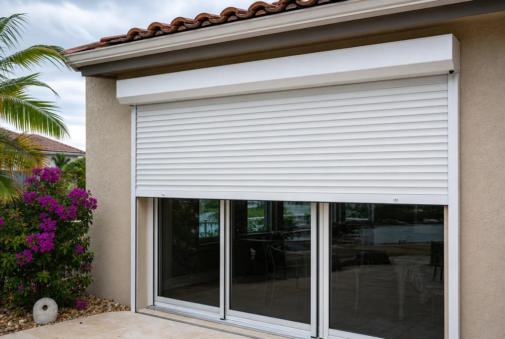 White roll-down hurricane shutters covering a sliding glass door on a South Florida stucco home with a barrel-tile roof