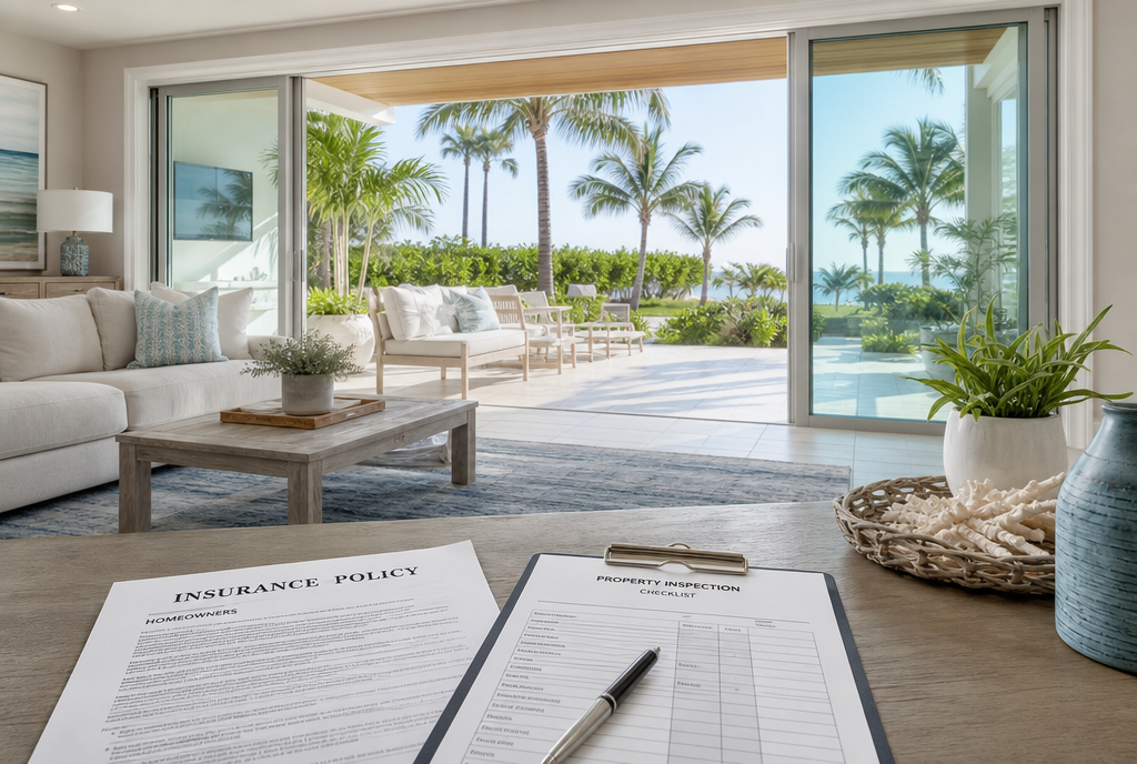 Large impact-rated sliding glass doors on a South Florida home with an insurance document and inspection clipboard on a nearby table