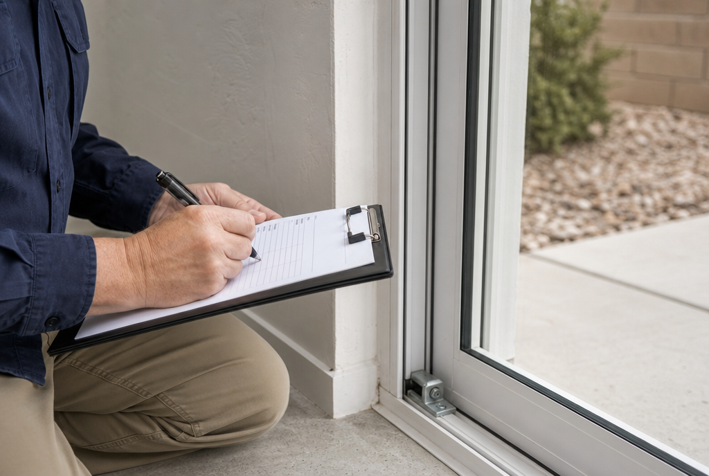 Licensed inspector with a clipboard checking impact-rated sliding glass doors during a Florida wind mitigation inspection