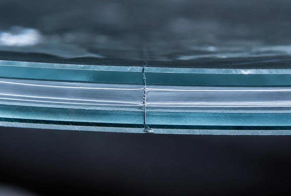 Close-up cross-section of laminated impact sliding glass door glass showing the clear interlayer that holds cracked glass together