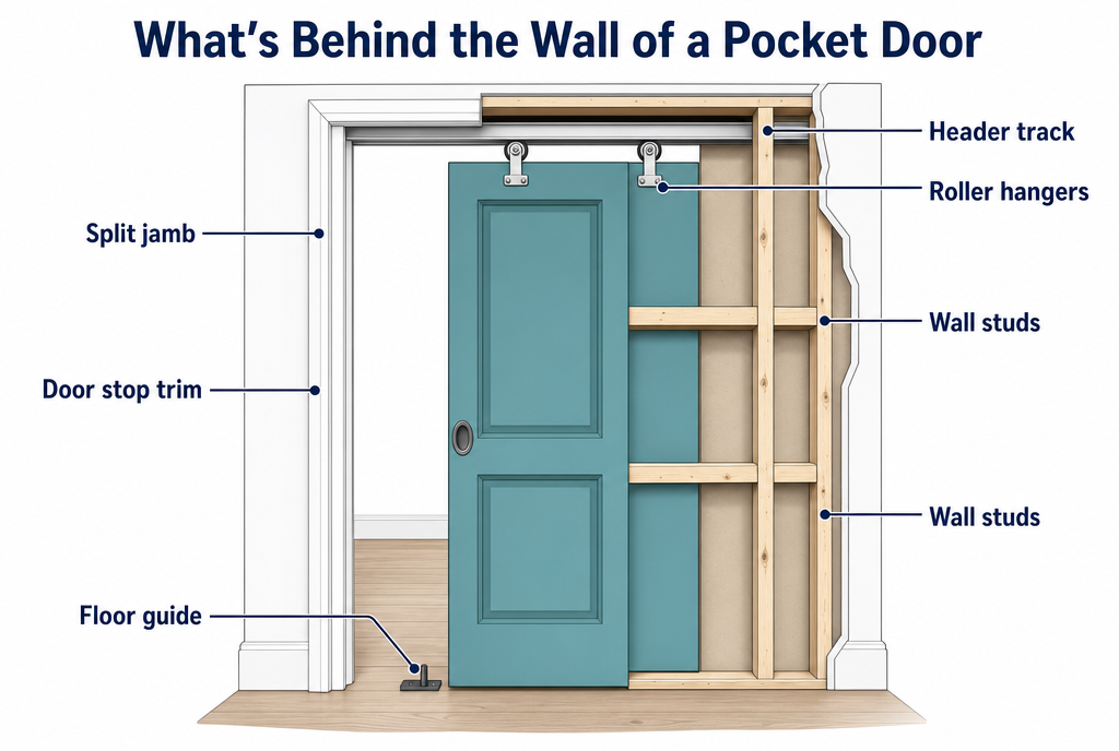 Labeled diagram of a pocket door showing header track, roller hangers, split jamb, door stop trim, floor guide, and wall studs