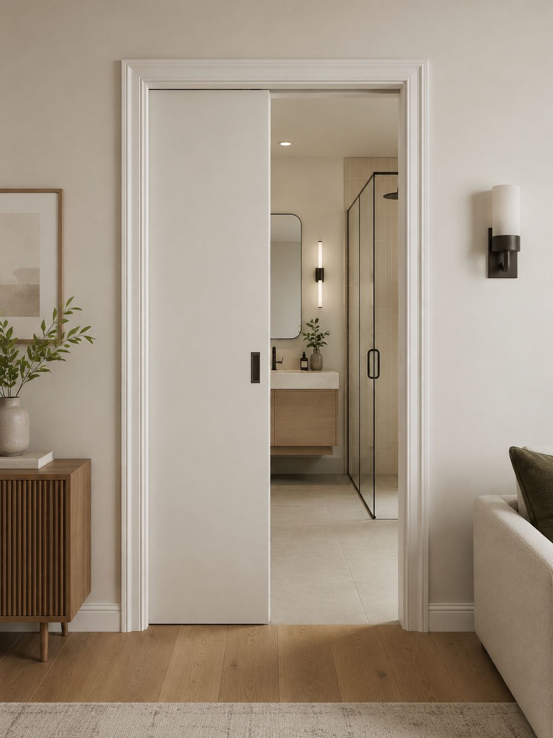 White pocket door opening into a small en-suite bathroom