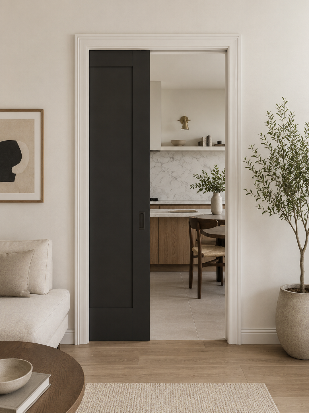 Black pocket door sliding into the wall between a living room and kitchen