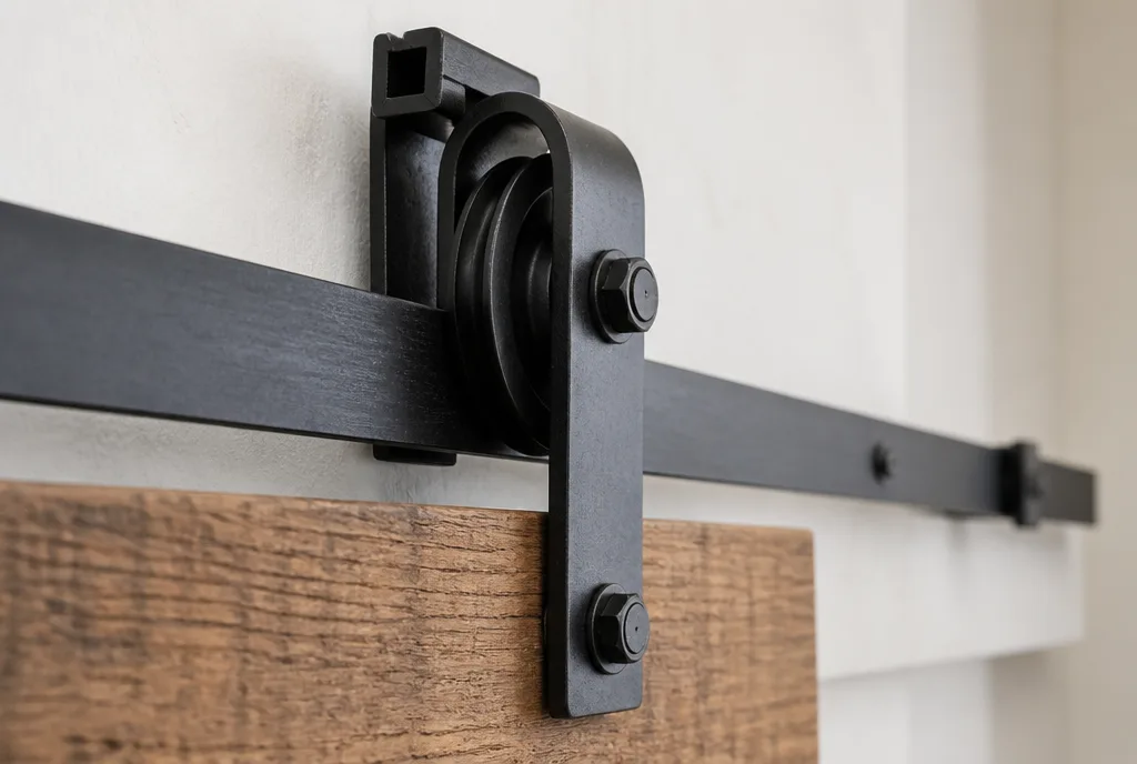 Close-up of a barn door top-hung roller wheel riding on an exposed flat steel wall-mounted track with an anti-jump block above the wheel