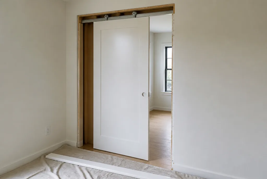 Pocket door panel pulled partway out of its wall pocket during a service call, with the head trim removed so the hidden overhead track, the roller hangers, and the open cavity beside the doorway are visible