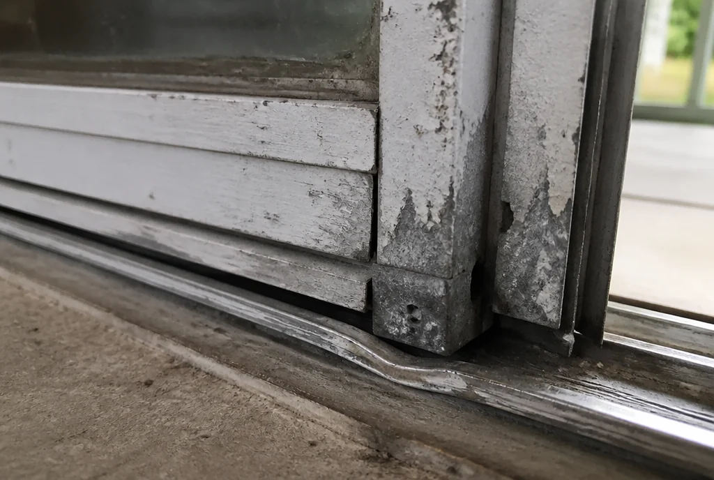 Close-up of a corroded aluminum sliding patio door frame corner with a dented bottom track, a sign the door needs replacement rather than repair