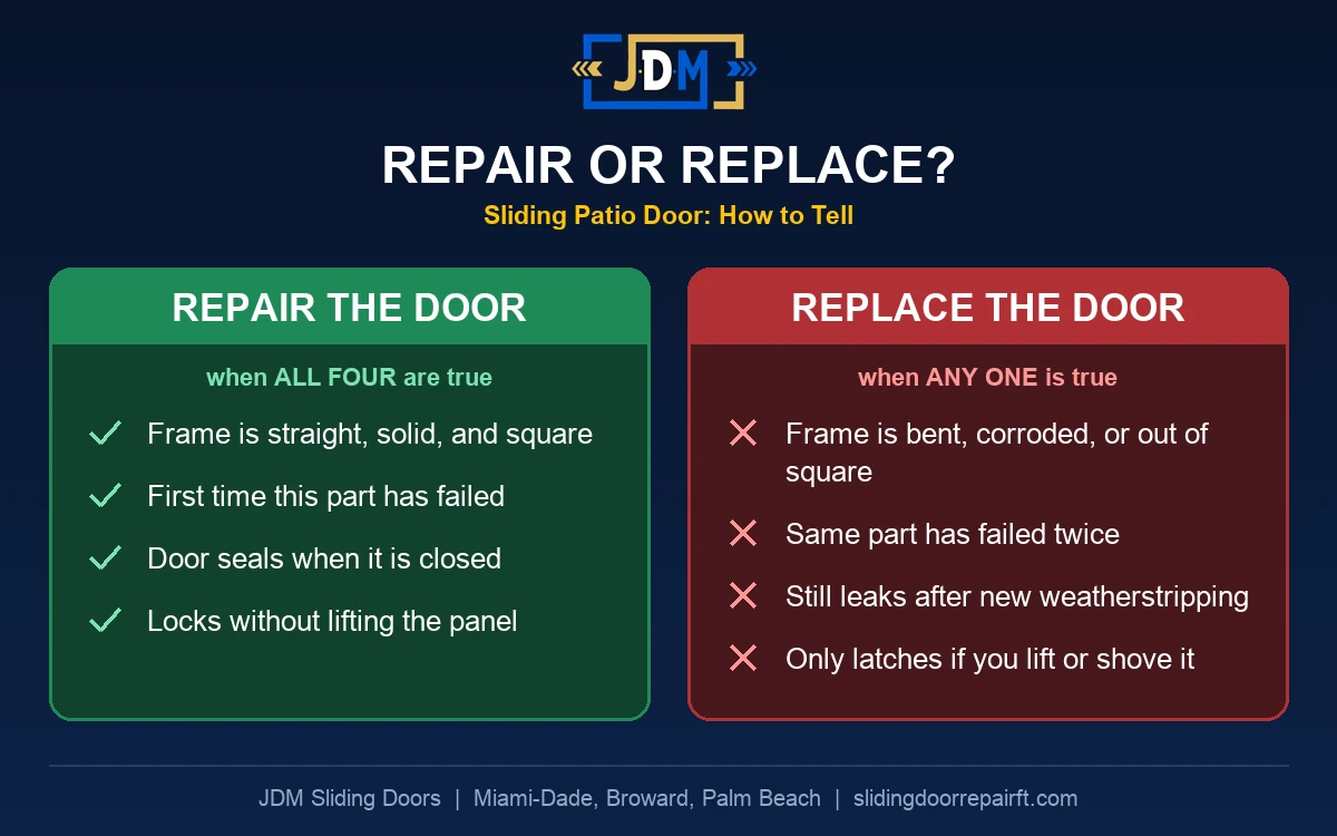 Side-by-side comparison for a sliding patio door: repair the door when all four are true (frame straight and square, first failure of the part, seals when closed, locks without lifting), replace the door when any one is true (frame bent or corroded, same part failed twice, still leaks after new weatherstripping, only latches if you lift or shove it)