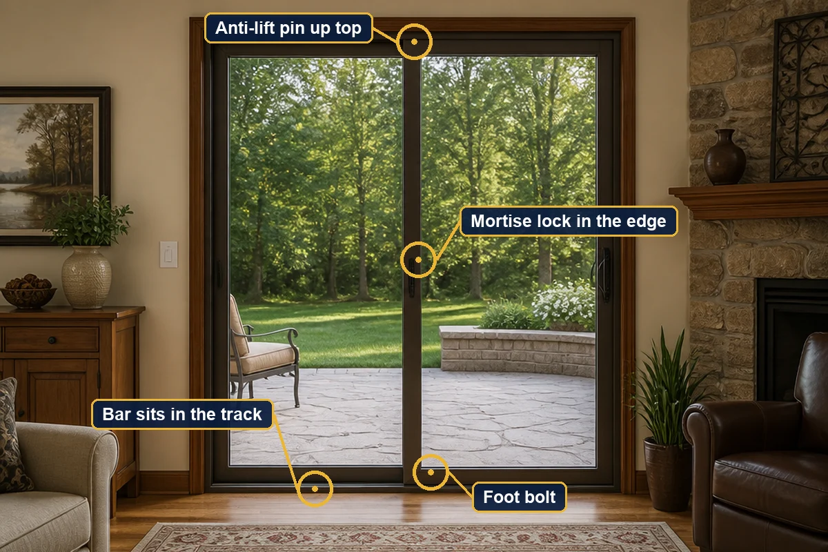 Sliding glass door with labels showing where the mortise lock, foot bolt, track bar and anti lift pin each sit
