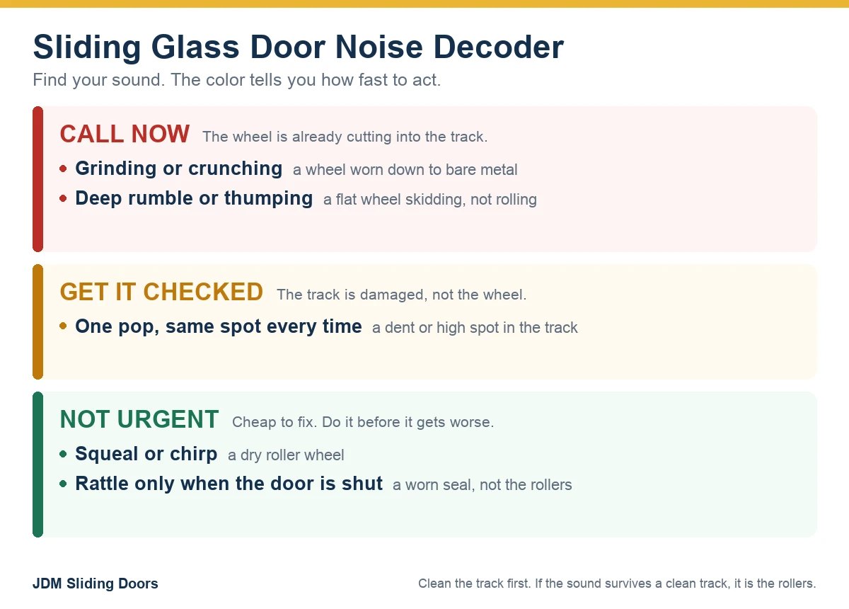 Sliding glass door sounds grouped by urgency. Call now: grinding or crunching means a wheel worn to bare metal, and a deep rumble means a flat wheel skidding. Get it checked: one pop at the same spot means a dent in the track. Not urgent: a squeal is a dry roller, and a rattle when shut is a worn seal rather than the rollers