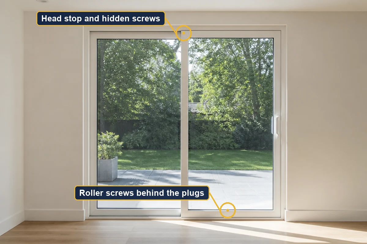 Sliding glass door frame with the roller screws, the interior head stop, and the anti lift screws circled and labeled