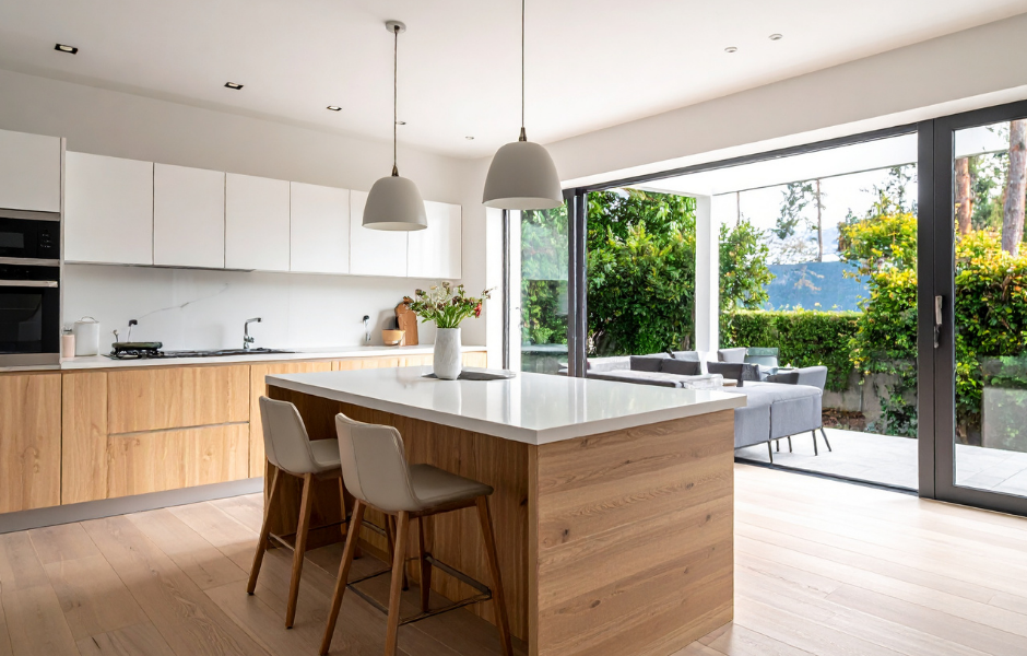 Large sliding glass door in modern kitchen opening to backyard — JDM Sliding Doors replacement service