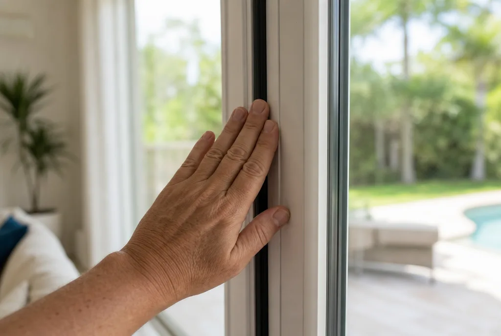 Homeowner running a hand along the edge of a sliding glass patio door to feel for a draft in a bright South Florida living room