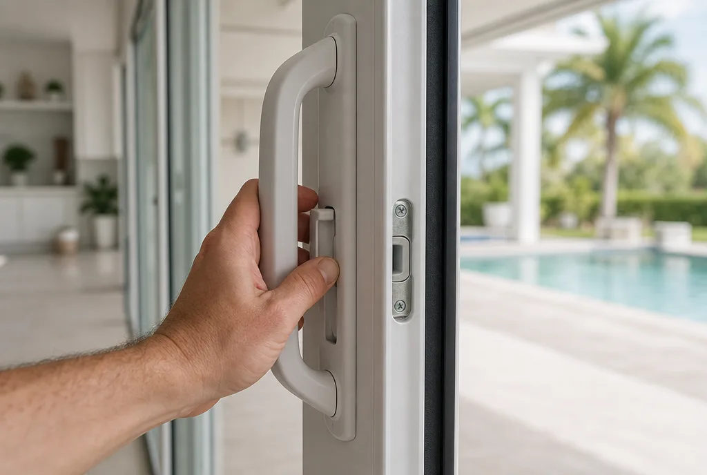 Hand turning the latch on a modern sliding glass patio door in a bright South Florida home