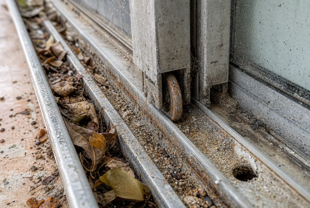 Salt-air corrosion, rust, and debris built up in the bottom track of a South Florida sliding glass door