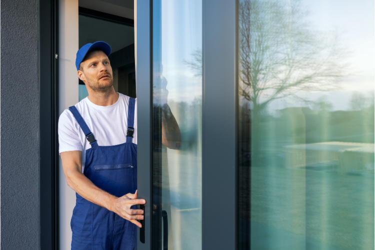 Professional technician inspecting a sliding glass door for track and roller issues