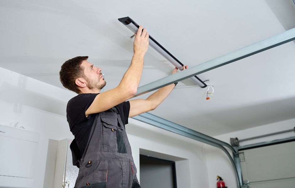 Professional installing a garage door track