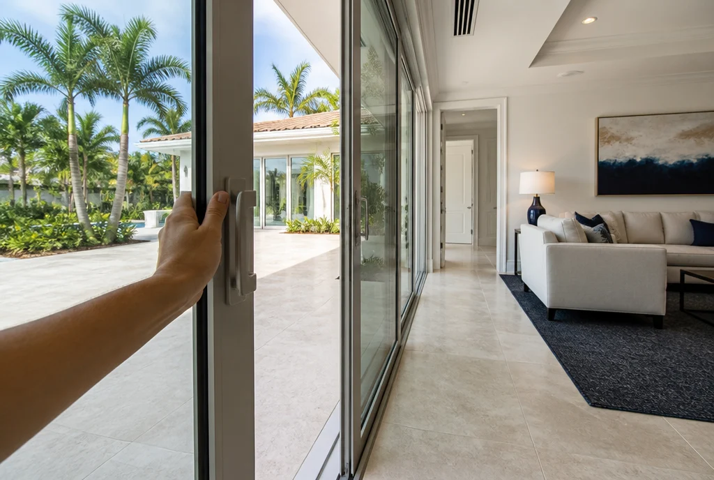 Homeowner opening a large sliding glass patio door in a bright South Florida living room