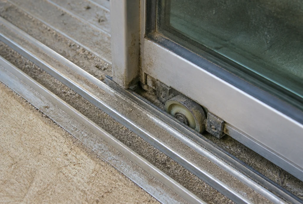 Worn nylon roller wheel in its metal housing under a sliding glass door panel, with sand and grit packed into the aluminum bottom track