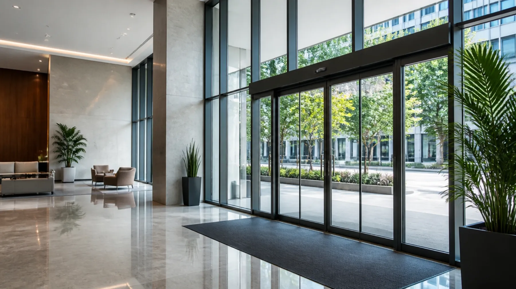 Automatic sliding glass entrance in a commercial building lobby