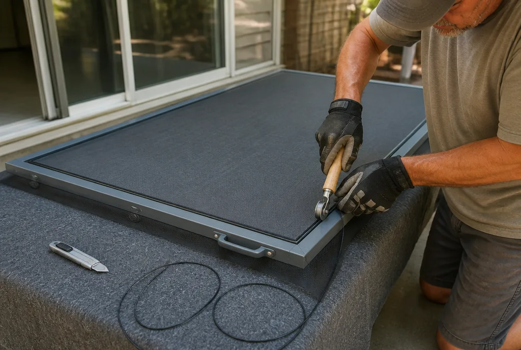 Technician rolling new mesh into a sliding screen door frame with a spline roller